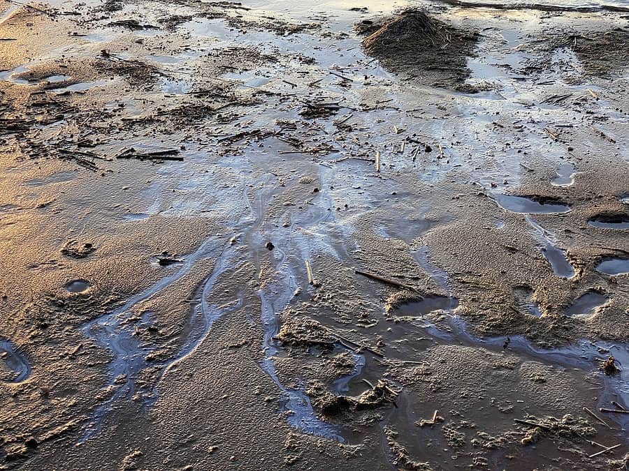 Oil Stains On Beach Sand Environmental Disaster